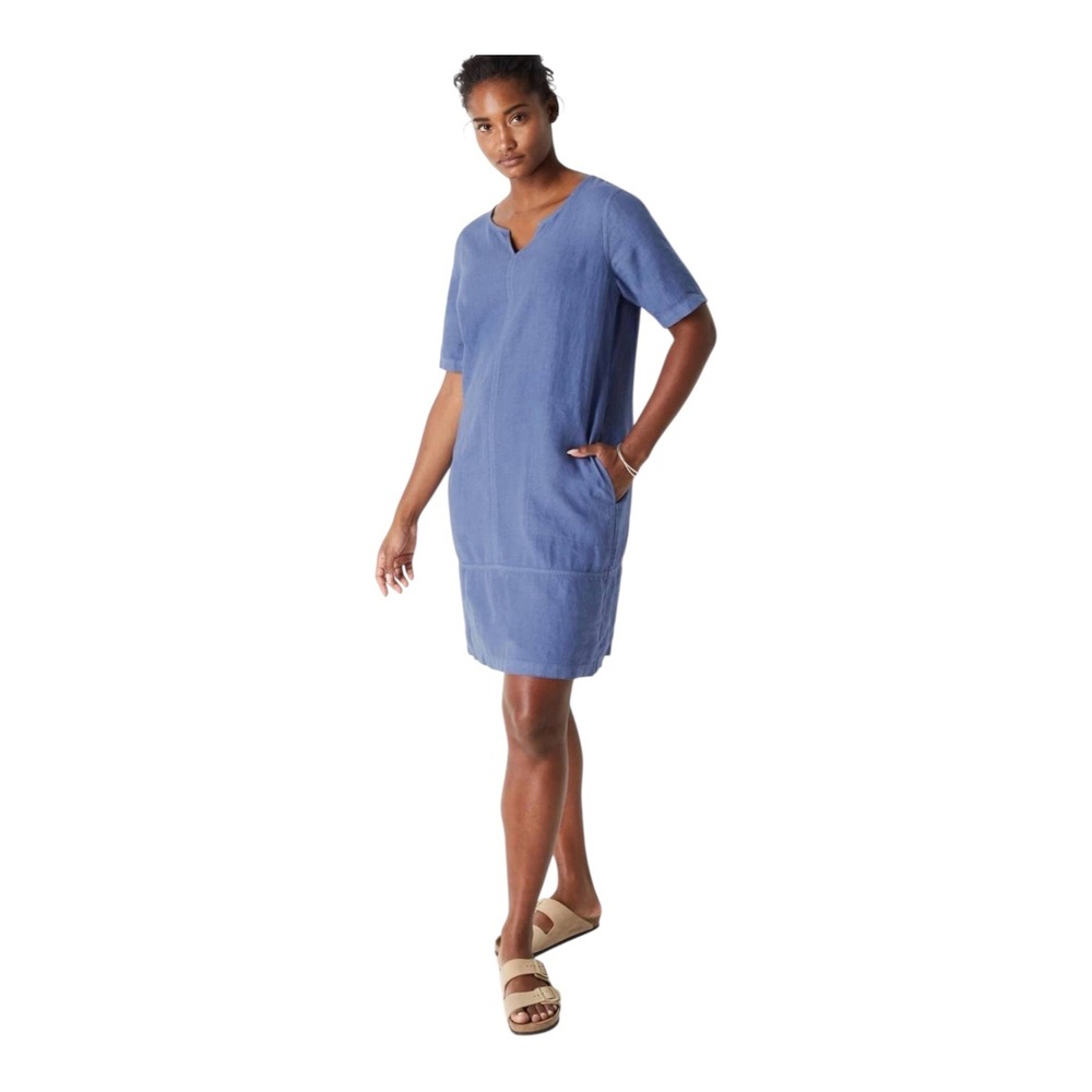 J. Jill Pure Jill Blue Garment Dyed 100% Linen Shift Dress XS Short Sleeve